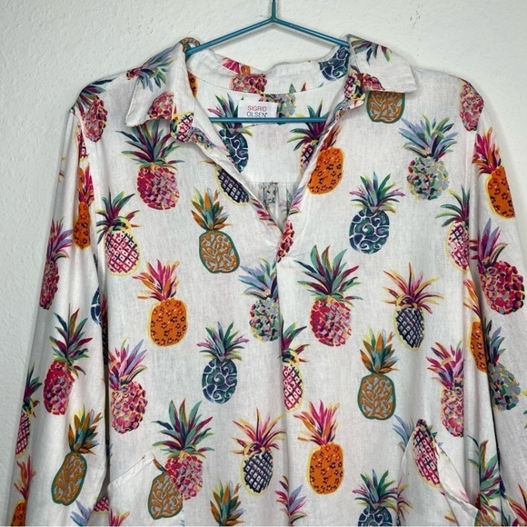 Sigrid Olsen Pineapple Novelty Multicolor Print Linen Blend Top With Pockets - Picture 2 of 10